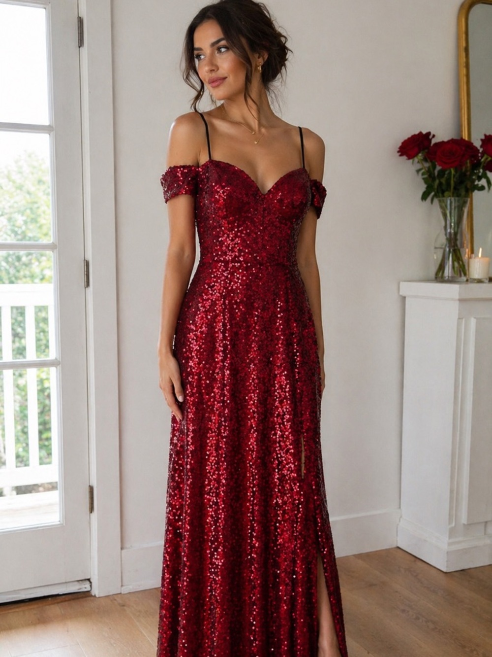 Formal Off-Shoulder Red Sequin Gown – Hollywood Glam Statement Dress